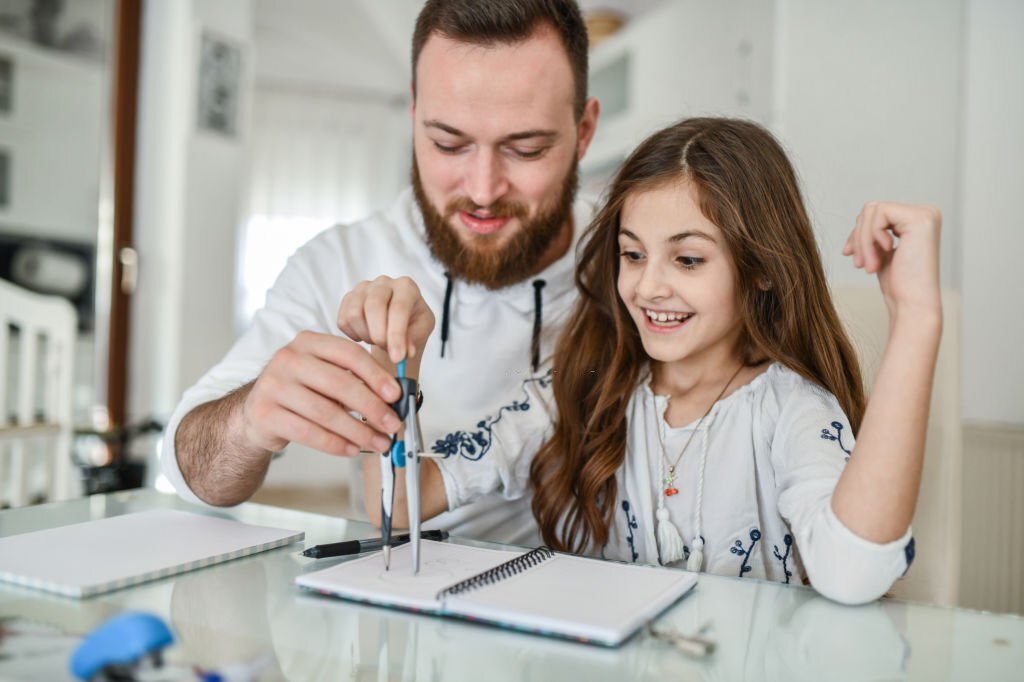 Drawing Compass Lessons By Father For Cute Child Daughter