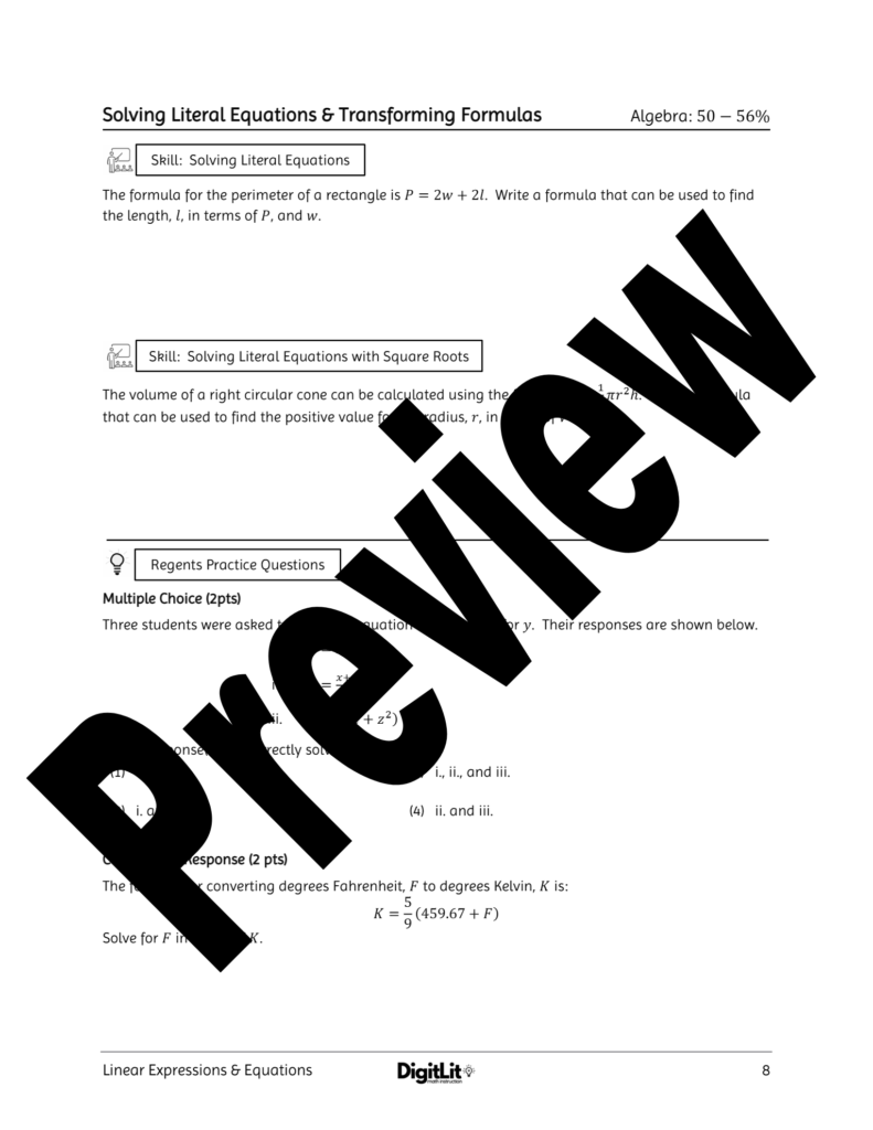 ALGEBRA 1 REGENTS REVIEW WORKBOOK PREVIEW DigitLit Math Instruction
